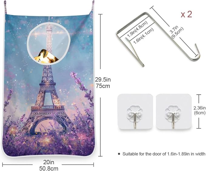 2PCS Hanging Laundry Hamper Bag Over the Door Laundry Hamper Wall Hamper Large Dirty Clothes Hamper with Stainless Steel Hooks 29.5x20Inch Lavender Eiffel Tower Purple