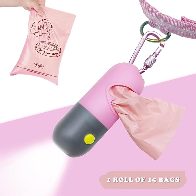 YUCHIYA Dog Poop Bag Holder Dispenser with LED Flashlight(Pink) | 100ft Ultra-Bright LED|Glow-in-the-Dark Avacado Clip|Metal Carabiner&Silicone Tether|15 Leak-Proof Scented Waste Bags
