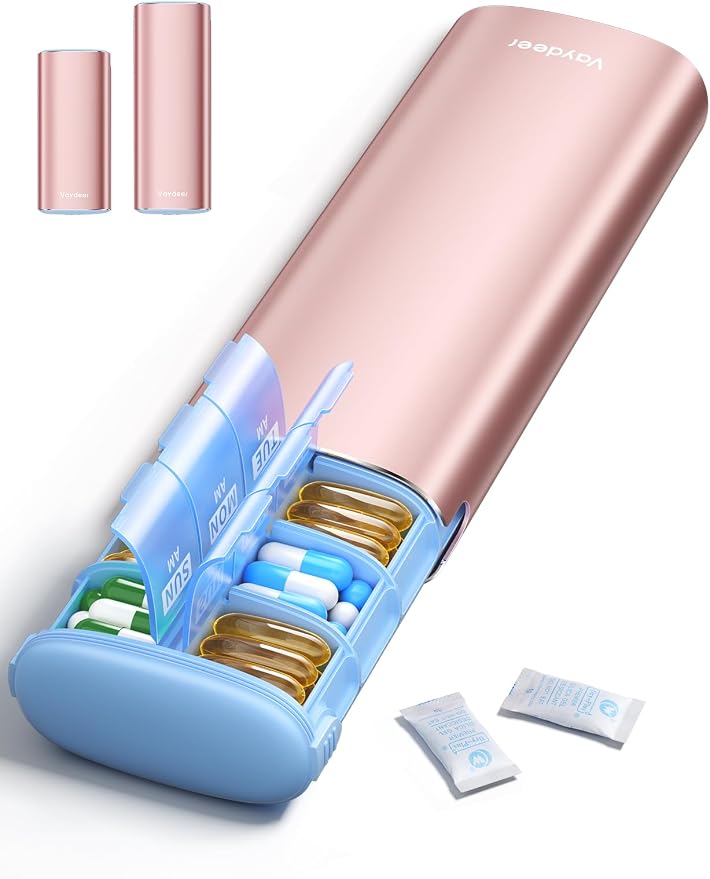 Vaydeer Large Metal AM PM Pill Organizer 7 Day, Moisture-Proof Desiccant | 2 Times a Day Pill Box with Triple-Layer Seal, Travel Pill Case for Fish Oil, Vitamins, Supplements and Medication