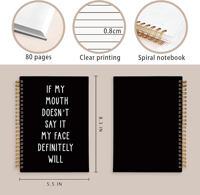 Funny Notebooks Journal, Sarcastic Notebooks for Work | Funny Notebooks for Work, If My Mouth Doesn't Say It My Face Will, Black Hardcover Spiral Notebook 5.5x8.3 Inch