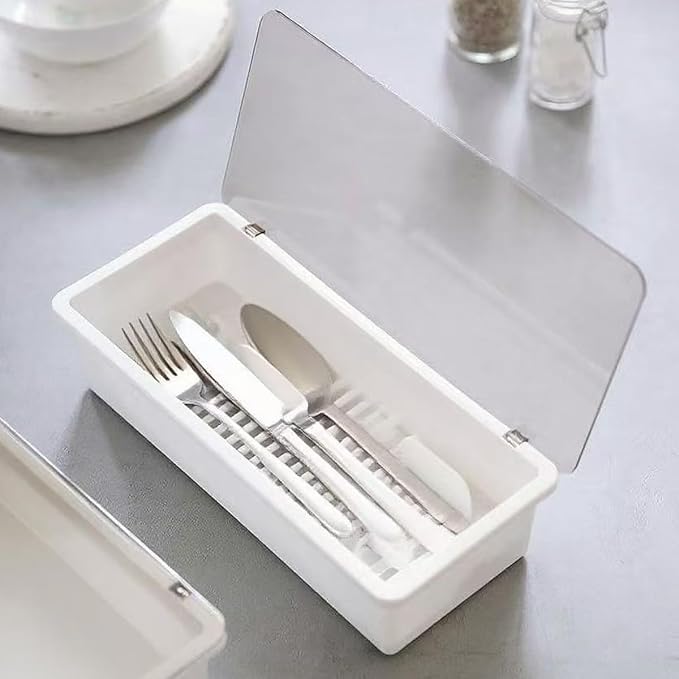 White Flatware Tray Kitchen Drawer Organizer With Lid And Drainer - Plastic Kitchen Cutlery Tray and Utensil Storage Container with Cover - 11.0 Inch Silverware Holder Drawer Organizer