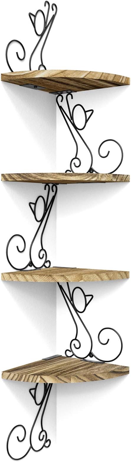 Alsonerbay 4-Tier Cat Shaped Corner Shelf Wall Mount, Carbonized Black | Curved solid wood, 35.2 lbs total capacity, reinforced metal bracket, rustic decor, for bedroom, living room & kitchen