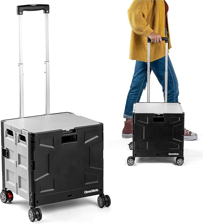 CleverMade Wheeled Trolley Crate - 35L (4 Wheels) - Black/Cream [Cool Gray 1C] and Collapsible Milk Crate (Recycled) - 25L - Stone (3PK) Bundle