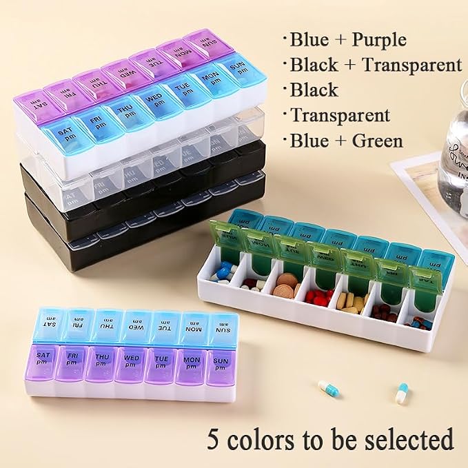 Weekly Pill Organizer Dispenser Case, 2 Times a Day, One-Side Open | 7 Day Medicine Planner Box for Easy Filling, AM PM Pill Case for Vitamins, Medication, Supplements, Fish Oils, Blue + Green
