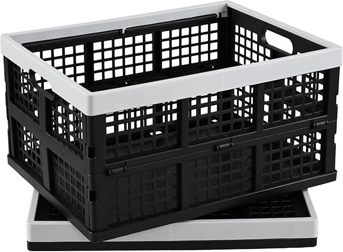 2-Pack 34 L Plastic Collapsible Storage Crates, Stackable Basket Bin | Foldable Milk Crate