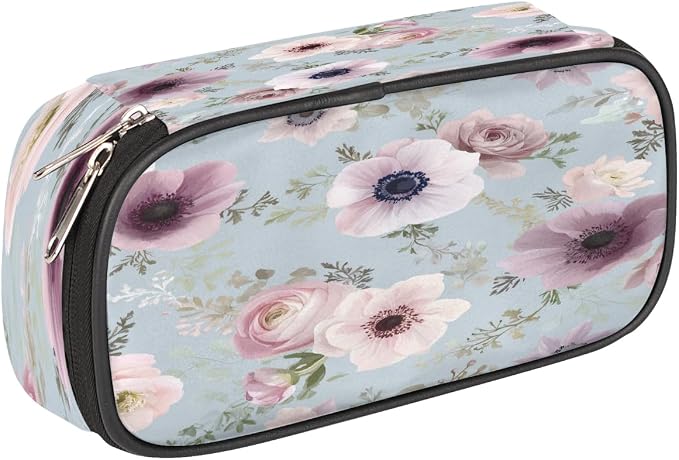 Pencil Case Pouch, Watercolor Light Blue Pink Flower Large Pen Bag with Zipper, Portable Zipper Pencil Pouch Organizer for Student Teen Girls Boys