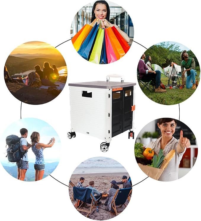 FELICON SELORSS Foldable Utility Cart Folding Portable Rolling Crate-White | Durable,Heavy Duty,Plastic Box,Telescoping Handle,4 Rotate Wheels,Collapsible Handcart for Travel Shop Move Luggage Office