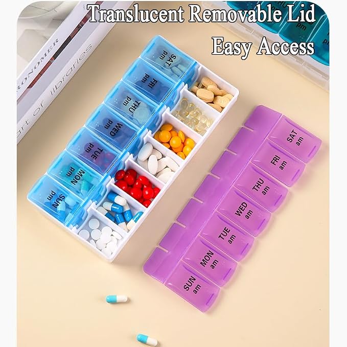 Weekly Pill Organizer Case, Travel Daily Medicine Meds Dispenser | Twice a Day, Vitamin Tablet Container Planner Box for Medication, Fish Oil, Capsule, AM, PM, Morning, Bedtime, Purple + Blue