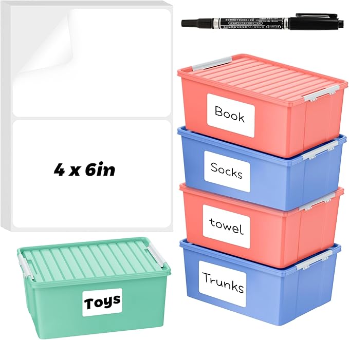 200 Pcs Storage Bin Labels, 6 X 4 in, Removable, with Marker Pen | Tear Resistant, Water and Oil Resistant, Blank Writeable Labels for Moving, Home, School, and Office Use