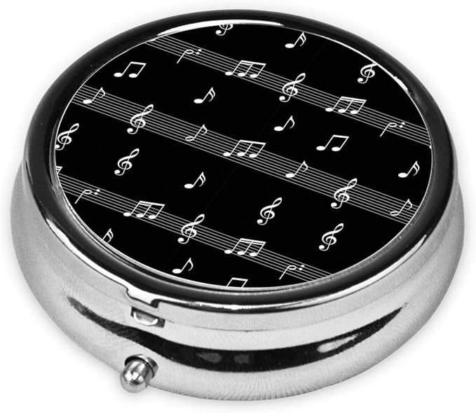 Pocket Pill Dispenser, Black and White Piano Keys Round Metal Case, Travel Organizer for Medicine, Waterproof Pill Box Purse Use for Road Trips