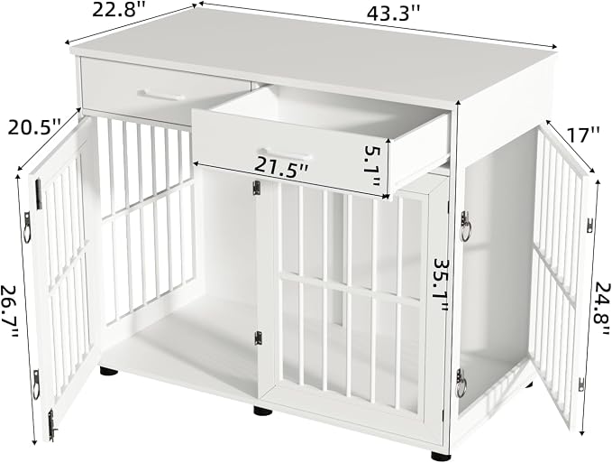 VOWNER 43.3" Large Dog Crate Furniture with 2 Drawers, White | Wooden Dog Kennel Furniture End Table with 3 Doors, XL Dog Kennel Indoor with Storage, Dog Cage TV Stand for Large Medium Dog
