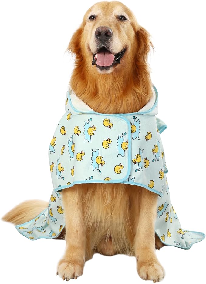 HDE Dog Bathrobe Super Absorbent Quick Drying Puppy Towel Wrap Coat Adjustable After Bath Robes with Hood for Dog Sizes S-XXL Rubber Duck Puddles XL