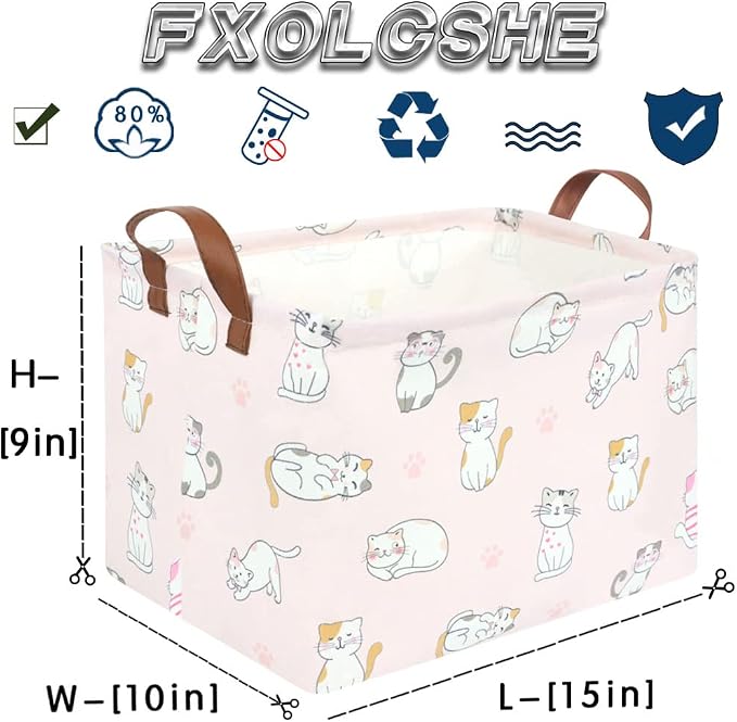 FXOLCSHE Rectangular Pink Cat Baskets,Cute Storage Basket Bin,Pink Gift Organizer,Empty Rectangular Cat Room Decor(Pink Cats)