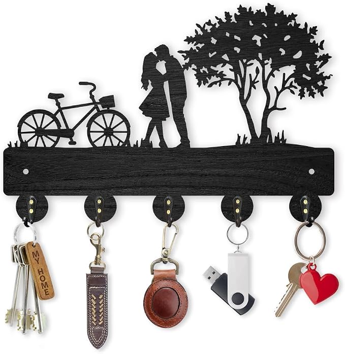 MAYJOYDIY Bicycle Couple Tree Coat Rack Wall Mount 11.8x7.9in Key Holder Decorative Wooden Coat Hanger Key Rack 5 Alloy Hooks for Valentine's Day Gift Wall Art Decor