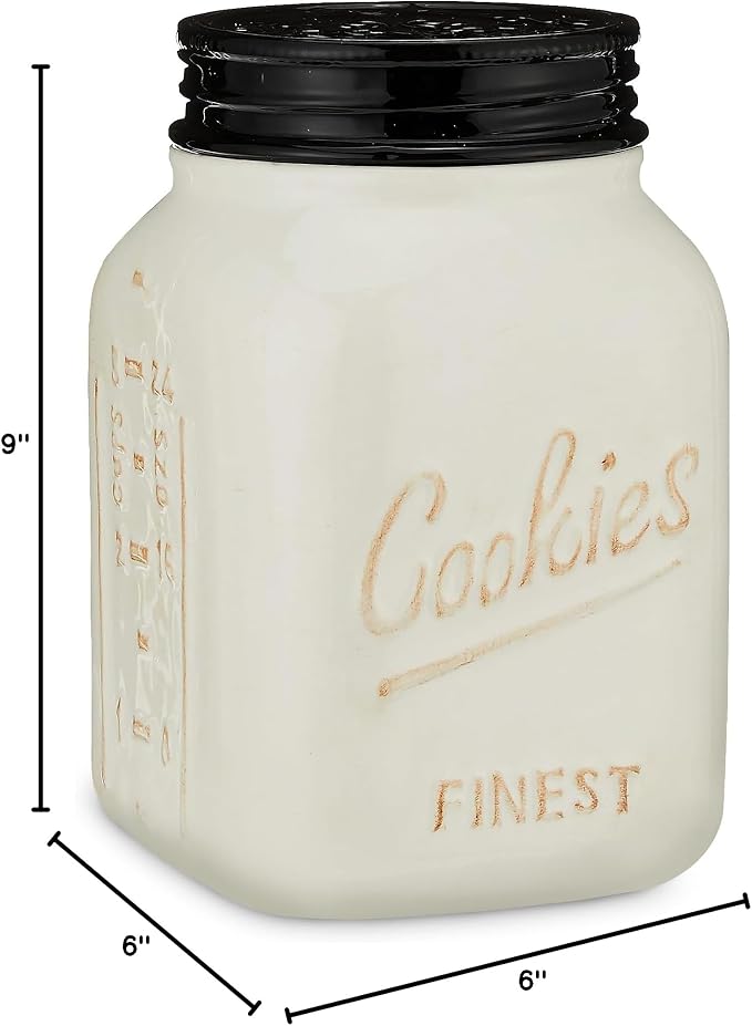 Young's Inc. Ceramic Cookie Jar - Cute Kitchen Counter Storage Canister with Lid - Perfect for Cookies, Coffee, Tea, Candy, Dog Treats, and More - Cookies Finest - Black, White
