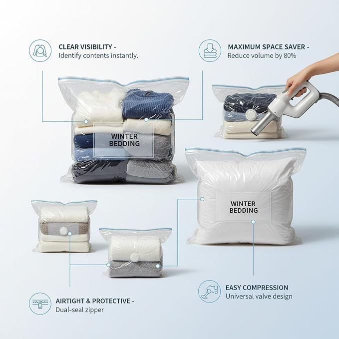 Vacuum Storage Bags for Clothes and Bedding, Clear Space Saver Bags with Valve, Reusable Compression Organizer (1 Pack)