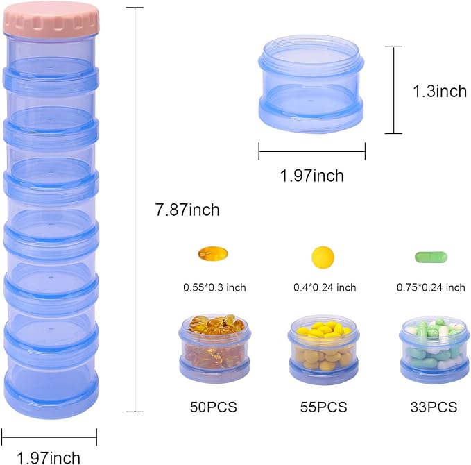 2 Pack 7 Day Pill Organizer Case Stackable Weekly Supplements Vitamins Pills Holder Dispenser Large Translucent Blue with Extra Lid