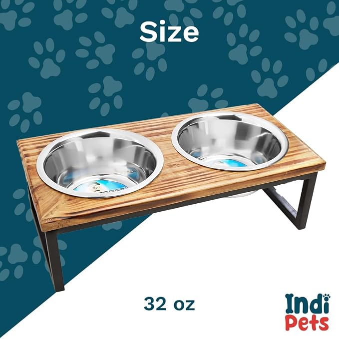 Indipets Elevated Dog/Cat Feeder with Bowls // Solid Wood Stand with Two Removable Stainless Steel Bowls // for Cats and Small, Medium, Large Size Dogs (Medium)