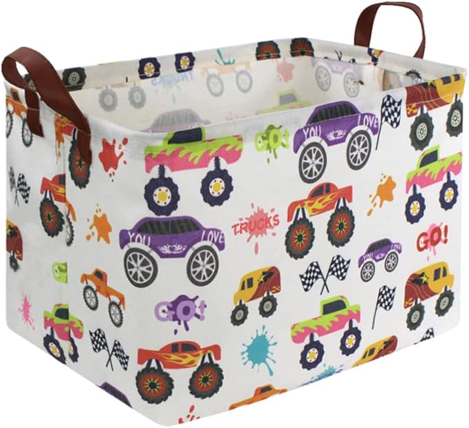 Rectangular storage Basket with Handles Basket,Cute Pattern Storage Bin,Kids Toy Bin Foldable Nursery Laundry Basket for Kids(Racing car)