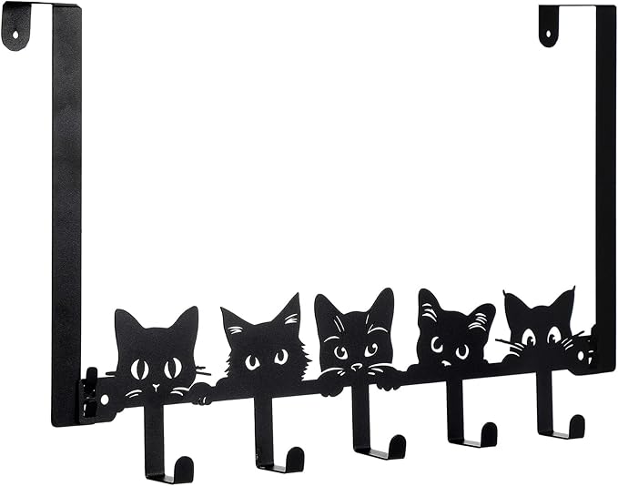 AceOrbit Black Cat Over The Door Hooks Hanger 5 Hooks Kawaii Decor | for Bedroom Bathroom, Organizes Towels Hats Clothes, Farmhouse Decor, Over the Door for Kids