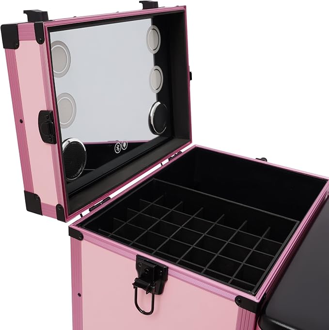 Professional Cosmetic Trolley Storage Organizer, Foldable Nail Tables Travel Cosmetic Trolley Storage Organizer w/ 4 Drawers Mirror & Speaker for Hair Stylists Pet Groomers Makeup (Light Pink)