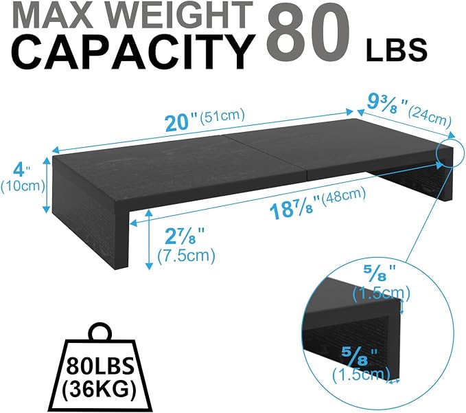 TEAMIX 2-Pack Monitor Stand Riser 20 inch, Wood Desk Computer Shelf, Black | For 2 Monitors, Laptop, Printer, TV, PC Tower, Full Keyboard Storage Underneath, Desk Organizer for Home Office, Gaming Setup