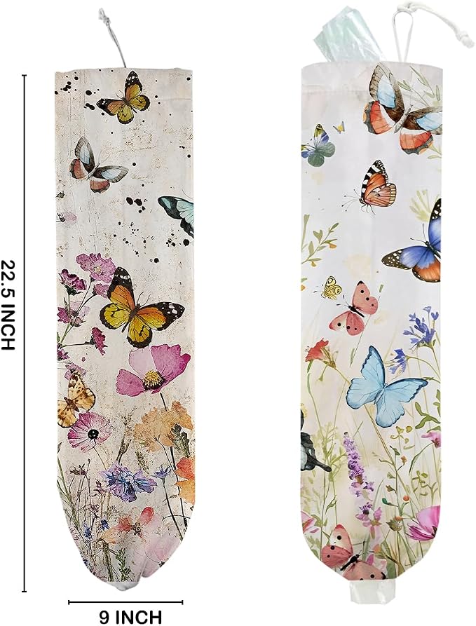 2 Pcs Vintage Floral Plastic Bag Holder, Wall Mount Trash Bag Holder | Summer Floral Colorful Butterfly Reusable Grocery Bags Storage Dispenser for Home Kitchen Pantry, Butterfly Gifts for Women