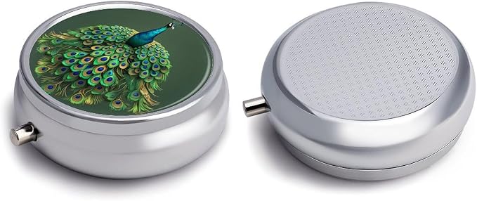 3 Compartment Medicine Pill Case, Peacock with Tassels Round Pill Box, Portable Decorative Medicine Organizer for Pocket Or Purse Vitamin Organize