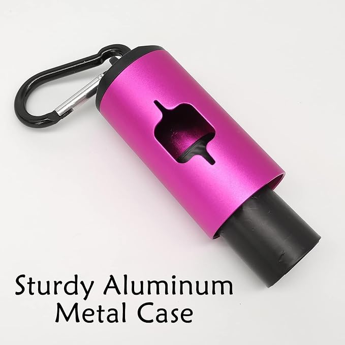 YUCHIYA Aluminum Dog Poop Bags Holder with Carabiner Metal Pet Waste Bags Dispenser with Hook and Loop Fastener and Elastic Cord to Carry Used Bags (Pink, 1 Holder 15 Bags)