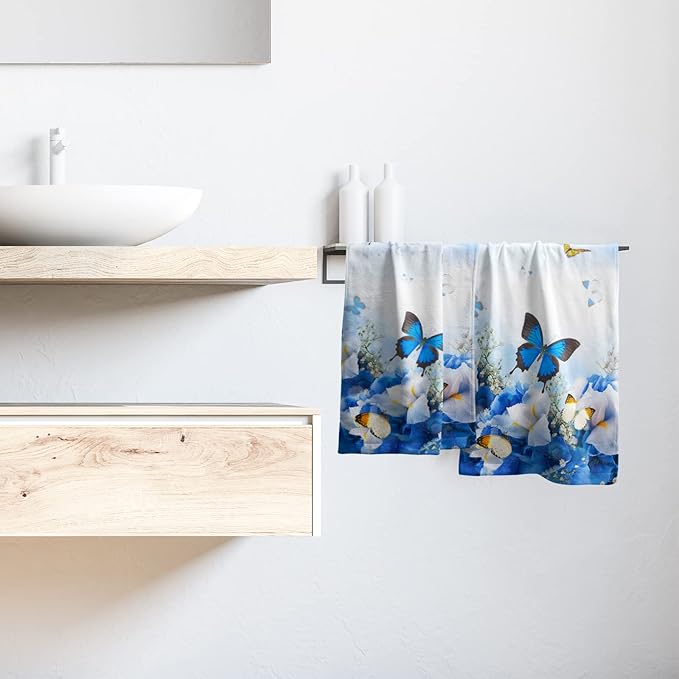 Giwawa Blue Butterfly Hand Towels Spring Flowers Kitchen Dish Towels Set of 2 Soft Absorbent Fingertip Towel for Bathroom Spa Gym Hotel