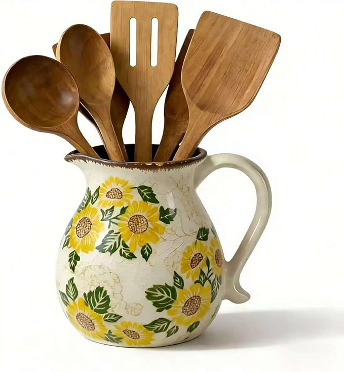 Rustic Ceramic Utensil Holder, 6.1" Kitchen Cooking Utensil Holder | Utensil Organizer Crock with Handle for Kitchen Counter, Vintage Farmhouse Home Decor, Flower Pot, Countertop Spoon Tools