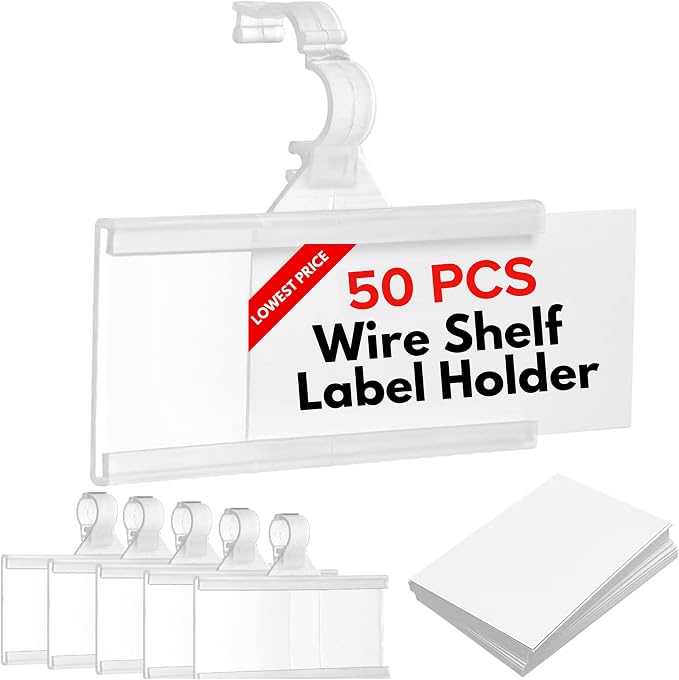 NuBliss Wire Shelf Label Holders, 1-1/4" x 3", Plastic, 50 Pack | Easy clip-on design; reusable; secure snap-lock grip; displays prices, UPCs and product info; retail and warehouse use