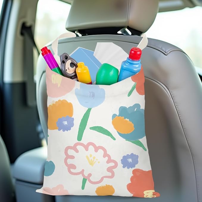 Car Trash Bag Car Garbage Bag Hanging Cars Trash Can Spring Decor Waterproof Cars Back Seat Organizer for Vehicle Travelling Camping Doodle Flower Decor