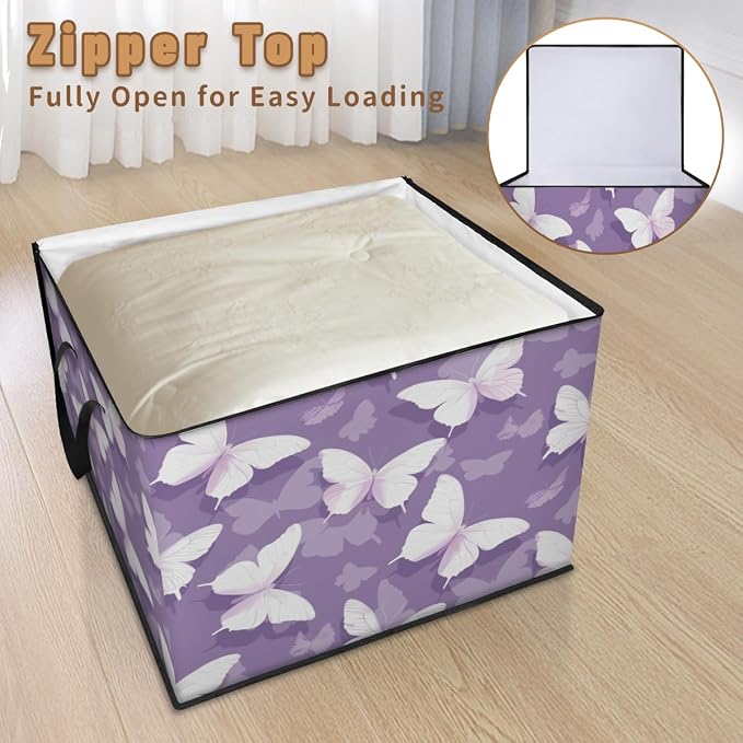Butterfly Large Storage Bags, Fabric Bed Storage Containers, Foldable Closet Organizers for Blanket, Clothing, Comforter, Bedding, Purple