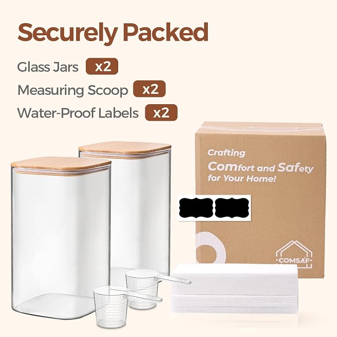 ComSaf Glass Storage Jars with Bamboo Lids 4.6 Qt 2 Pack Large Wide Mouth | Pantry organization, Flour Sugar Coffee Beans, Pasta Cereal Dry Food, 1.2 Gallon, Cabinet Organization, Dry Food Storage