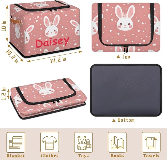 Custom Cute Rabbits Storage-Bin With Zipper Lid for Kids-Girls-Boys-Baby-Pet,Personalized Name Foldable Storage Box with Handle,Baby Basket With Label for Bedroom Nursery Toy Clothes,Pink