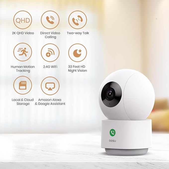 aosu 2K Indoor Camera,Baby Monitor for Home Security with 2.4GHz WiFi only