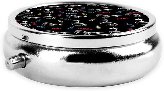 Compact Pill Case, Metal Round Holder for Supplements, Purse Pocket Organizer Travel Essential, Happy Halloween Unicorn Skull Skeletons