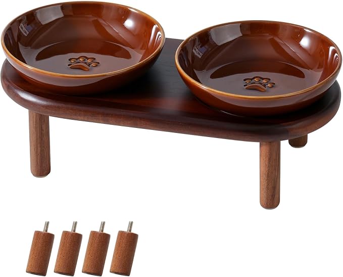 Havniva Elevated Cat Bowls, Ceramic Cat Bowl with Wood Stand, Wide Opening | 5.7” Raised Cat Food Bowls, Whisker Friendly Cat Dish, Anti-Slip Cat Water Bowls, Shallow Cat Bowls, Cat Food & Water Bowl