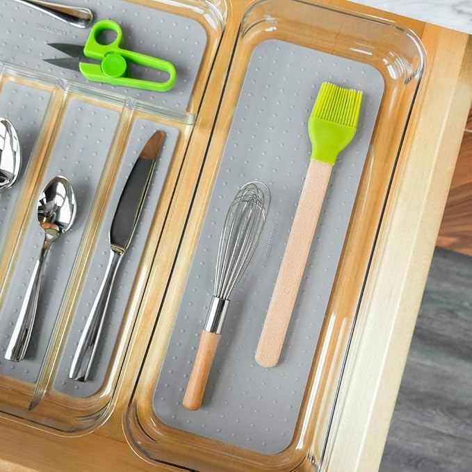 madesmart Clear 6 x 6 Drawer Organizer, Grey | non slip feet, rounded corners, see through design, open compartment, soft grip lining, utensils tools supplies, woman owned