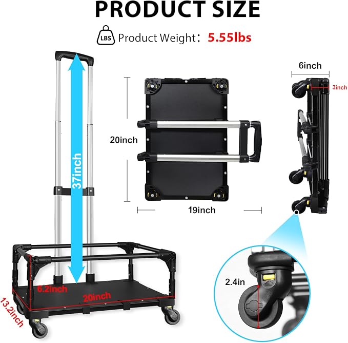 Foldable Wheel Base Cart for 18" L×11" W & 17" L×11" W Pet Carrier | Easy to Load & Unload the Carrier, Roll and 360° Swivel Smoothly, Fits Overhead Bin, Removable Silent Wheels, Portable