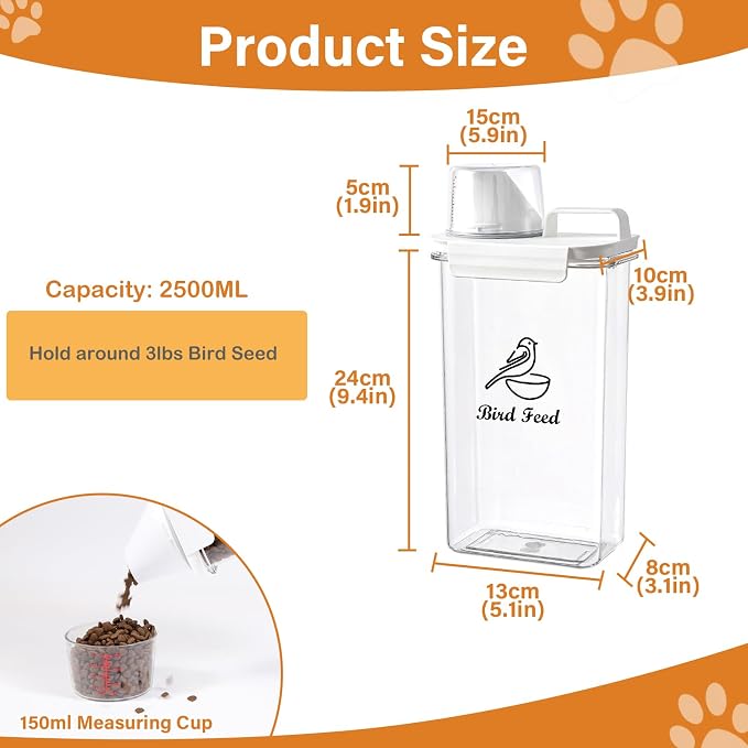 Bird Seed Storage Container Airtight | 3 Qt/2.5 L Clear Plastic Bird Food Container Portable-with Measuring Cup/Lid|Pet Food Storage Container |Wild Bird Seed Dispenser|BPA Free