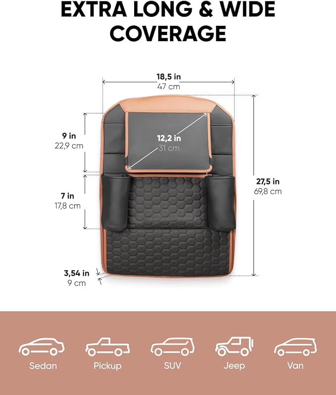 Owleys Back of Seat Organizer for Kids | Car Storage Caddy – 8 Pockets + Transparent Tablet Holder | Waterproof Eco-Leather | 27.5' x 18.5' | Brown+Black | Hanging faux leather backseat organizer, 8 pockets plus a clear tablet pocket, doubles as a kick...