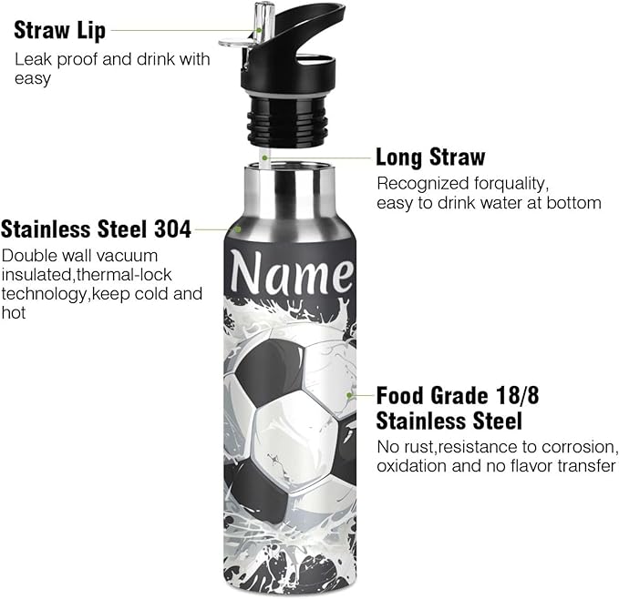 Custom Name Soccer Ball Water Bottle with Straw Lid Kids Insulated Stainless Steel Water Flask Sports, 20 Oz Hot Cold