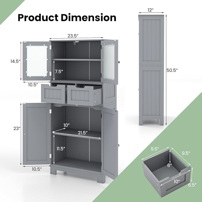 LOKO Bathroom Cabinet, Linen Storage Organizer with Doors & Drawers, Wooden Floor Cabinet with Adjustable Shelves for Bathroom, Living Room or Kitchen (Grey)