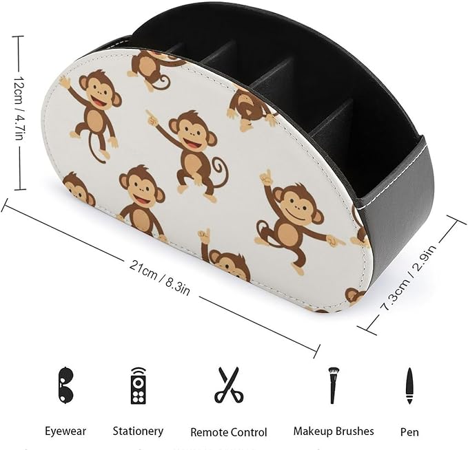 5 Compartment Remote Control Holder Monkey Cartoon Animal Storage Caddy Box | Pu Leather Desktop Organizer, Monkey Cartoon Animal Cute, Fit for TV Remotes, Media Player, Brush, Office Accessories