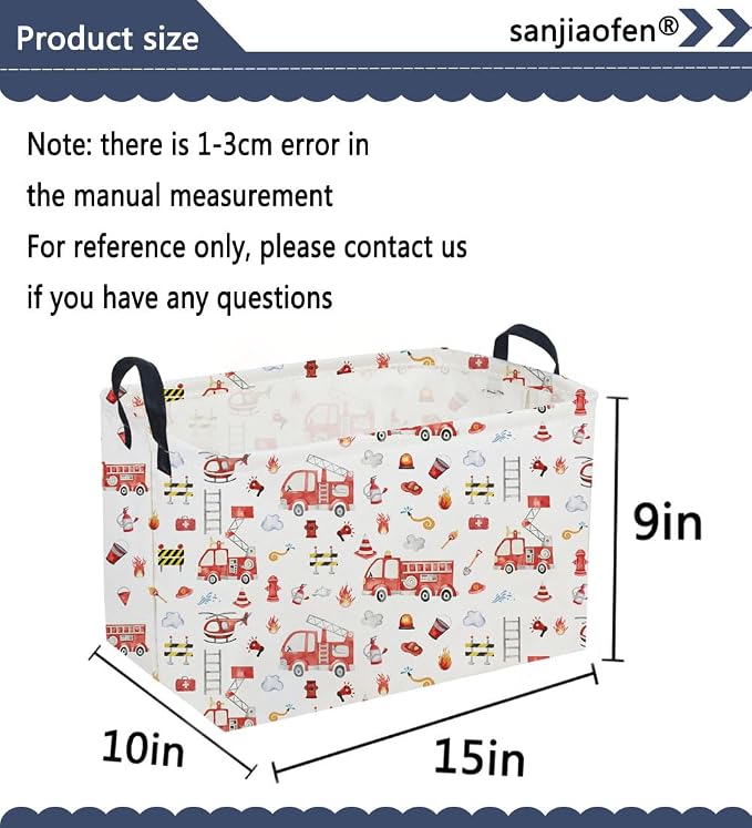 Sanjiaofeng Rectangular Fire Engine Storage Basket,Kids Toy Storage Bin,Nursery Hamper,Kids Storage Basket with Handles,Home Organizer,Books Box,Gift Baskets,Car Room Decor(Fire Engines)