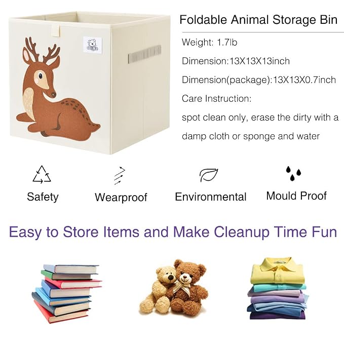 13 Inch Animal Cube Storage Bins, Foldable Fabric Kids Toy Box & Toy Chest | Kids Storage Cubes, Toy Storage Organizer Basket for Toddlers, Boys and Girls, Playroom and Nursery (Deer)