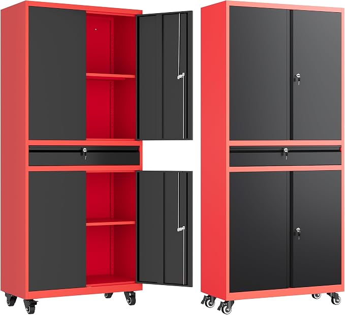Metal Garage Storage Cabinet with Wheels,Rolling Tool Cabinet with Adjustable Shelves and Drawer for Garage Home Utility Room (Red)