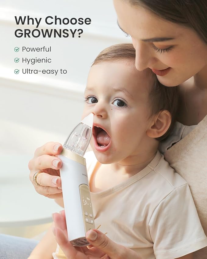 GROWNSY Nasal Aspirator for Baby, Electric Baby Nose Sucker, Automatic Nose Cleaner with Larger Suction Chamber and More Powerful Suction, Music and Light Soothing Function, Beige